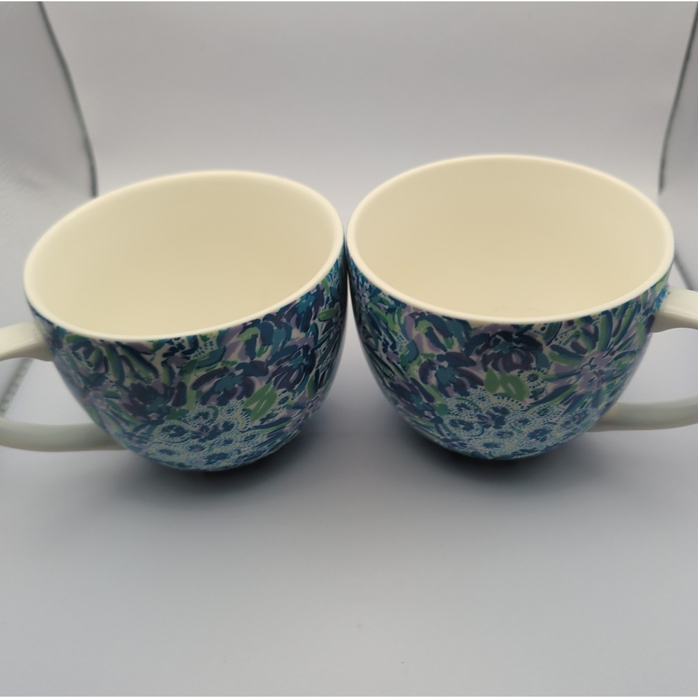 Lilly Pulitzer Blue Green Floral Ceramic Coffee Mugs Set of 2 Oversized Cups